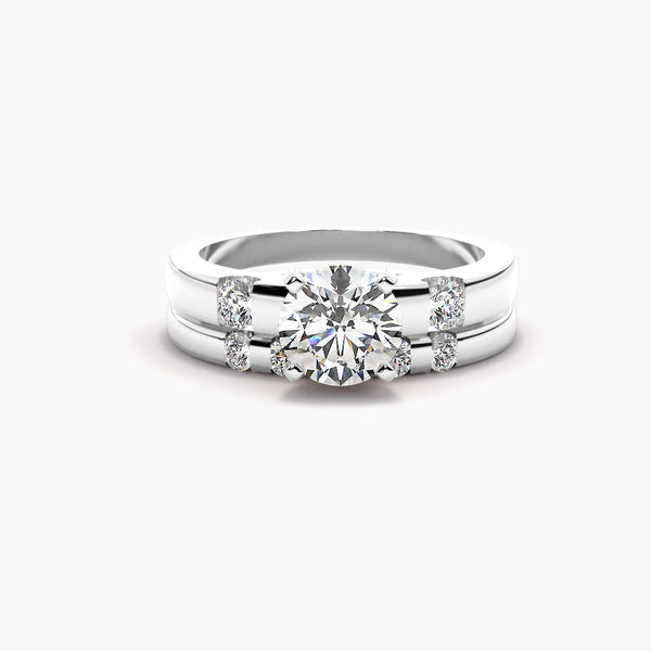 Moissanite Round Cut Three Stone Bridal Ring Set