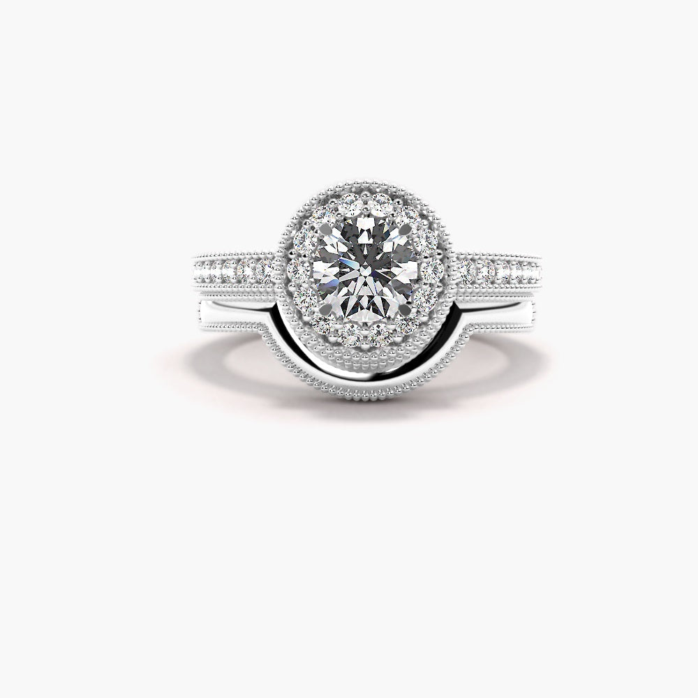 Round Cut Moissanite Halo Style Bridal Ring Set