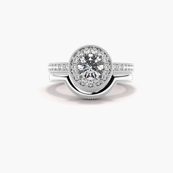 Round Cut Moissanite Halo Style Bridal Ring Set