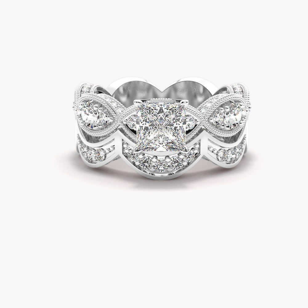 Princess Cut Moissanite Filligree Ring Set For Bridal