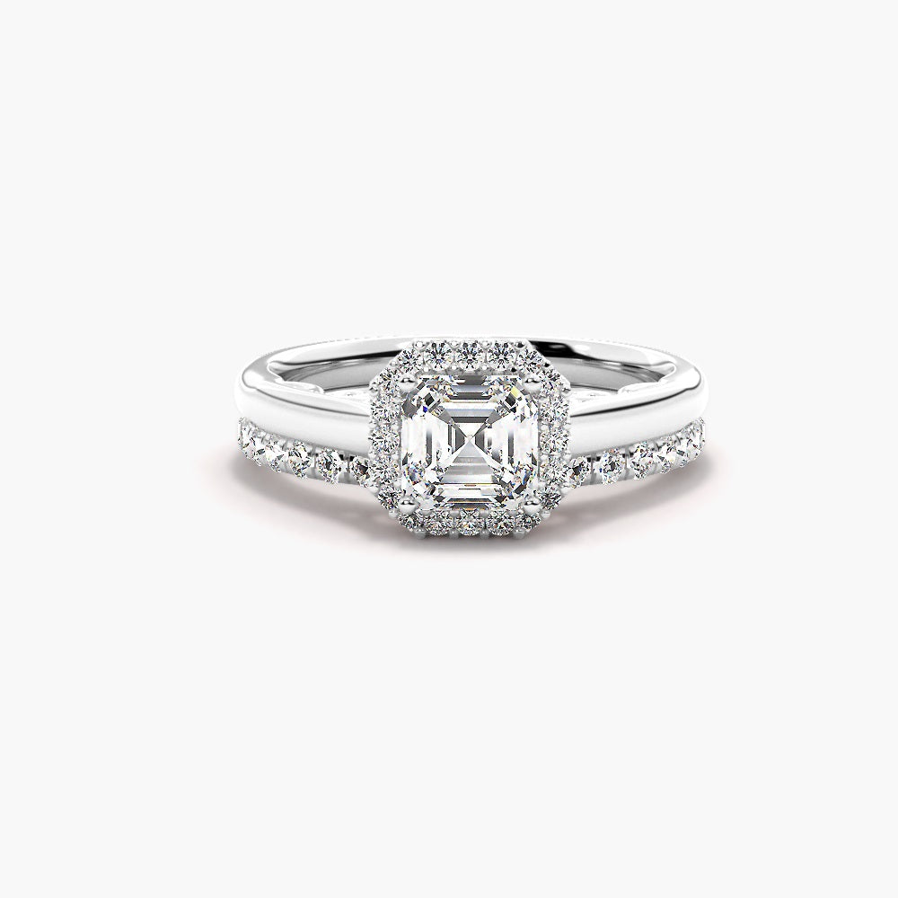 Asscher Cut Moissanite Halo Wedding Ring Set