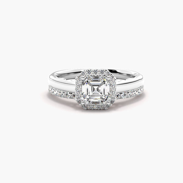 Asscher Cut Moissanite Halo Wedding Ring Set