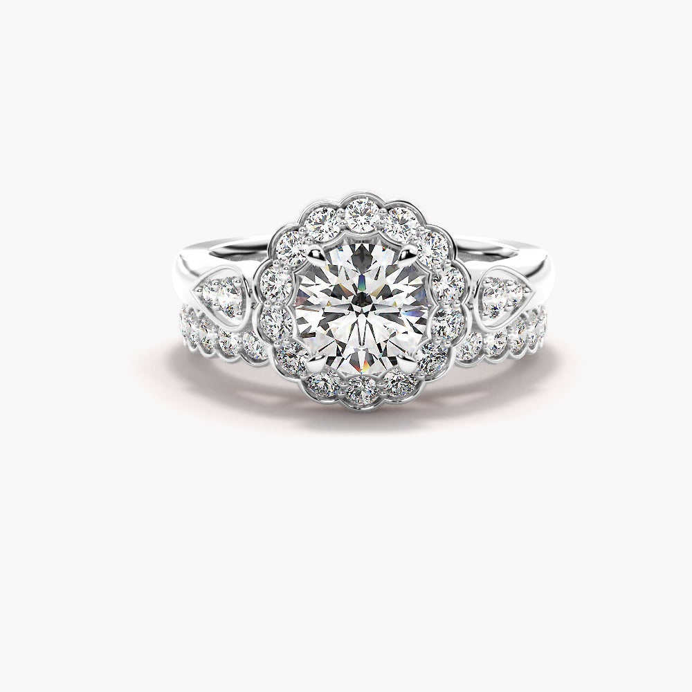Round Brilliant Cut Moissanite Halo Ring Set For Wedding