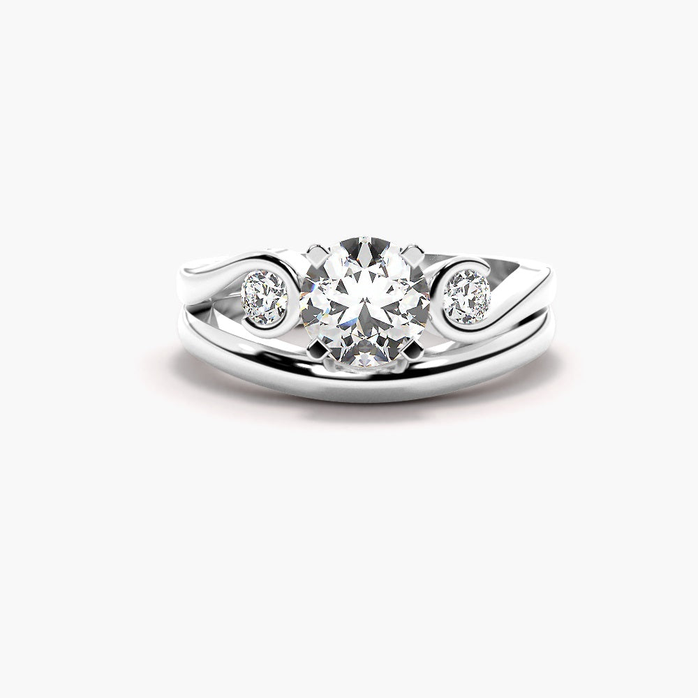 Round Cut Three Stone Moissanite Unique Style Wedding Ring Set