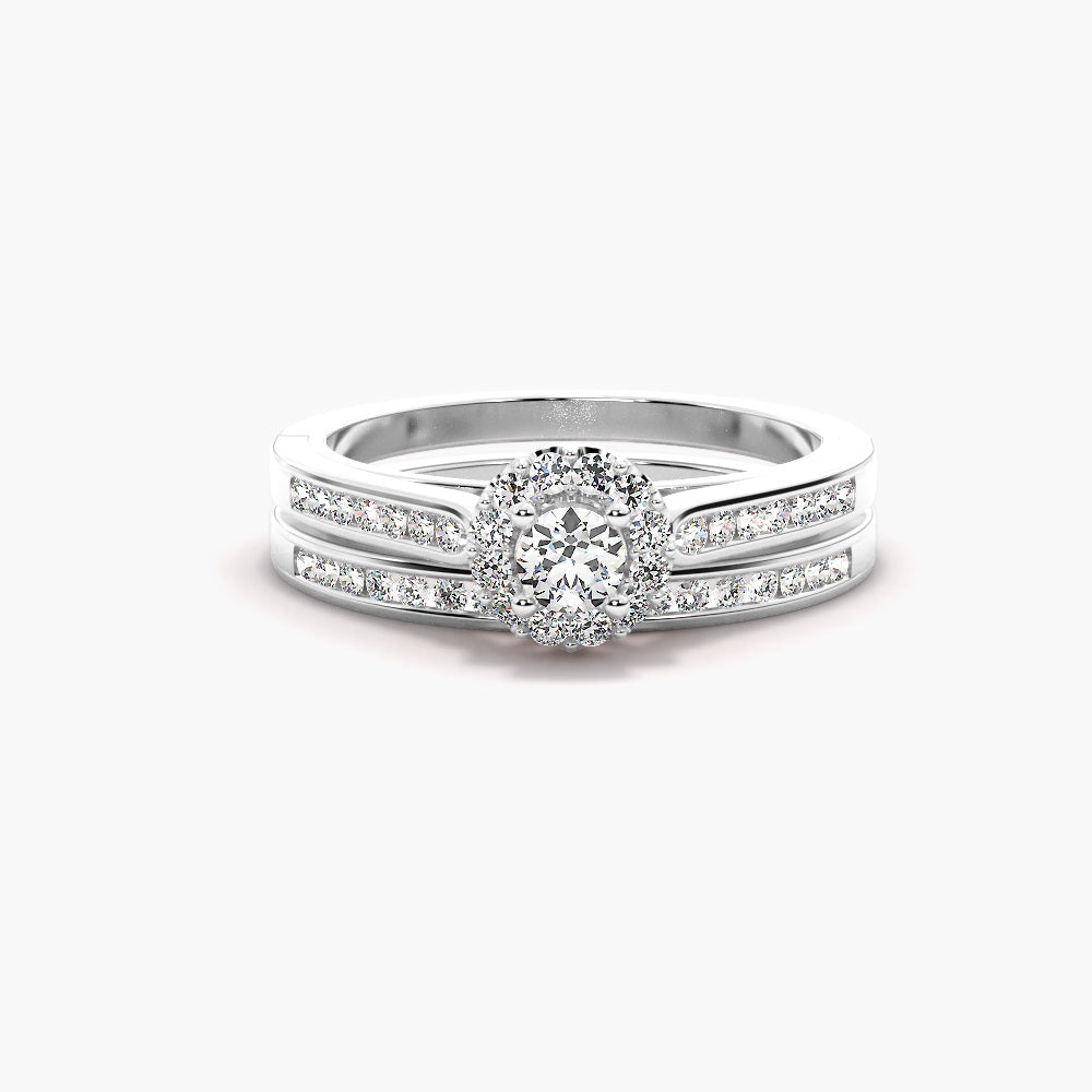 Colorless Moissanite Round Cut Halo Wedding Ring Set
