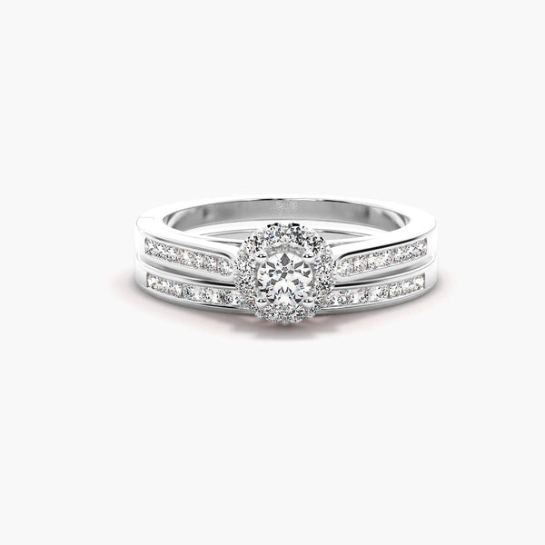 Colorless Moissanite Round Cut Halo Wedding Ring Set