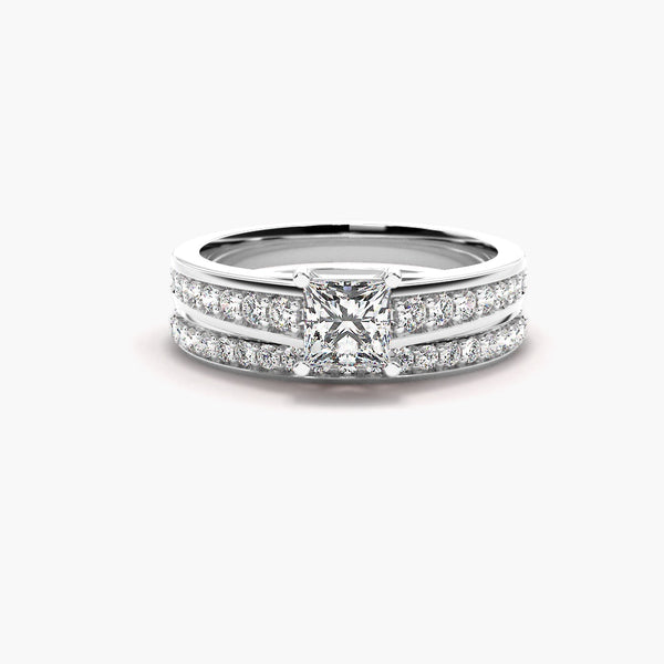 Princess Cut Pave Set VVS1 Moissanite Ring Set For Bridal