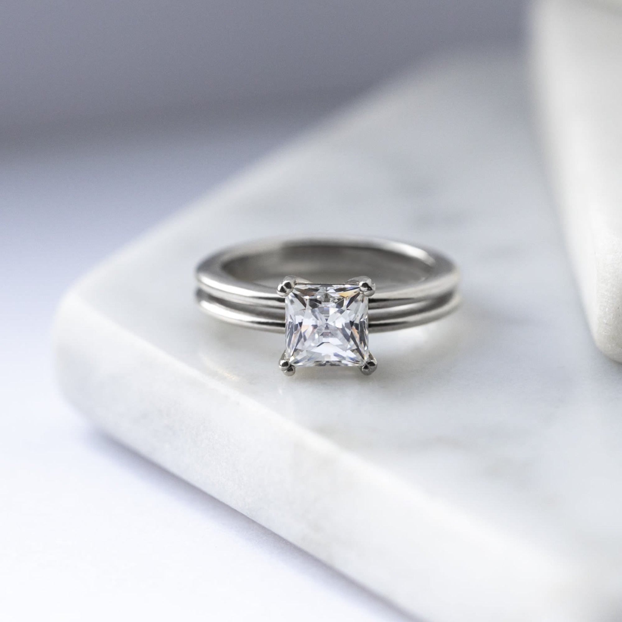 Princess Cut Double Row Set Solitaire Engagement Ring