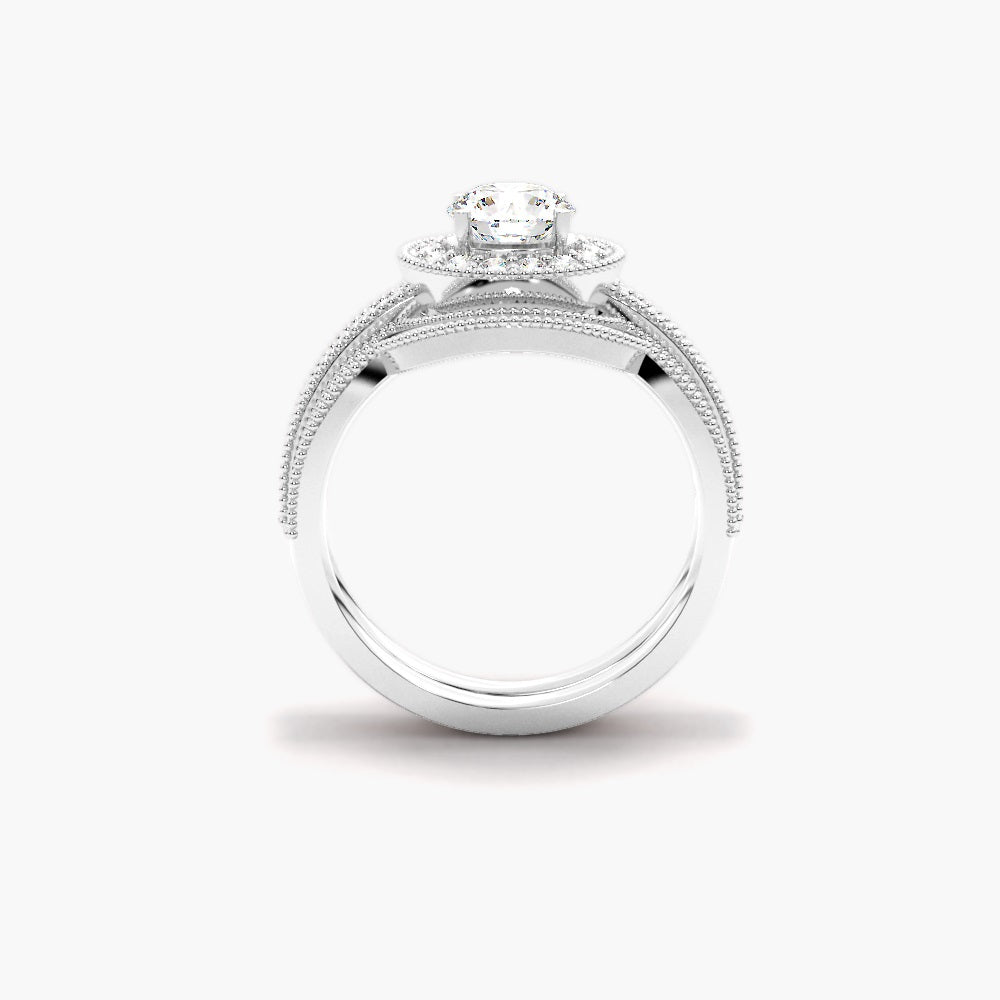 Round Cut Moissanite Halo Style Bridal Ring Set