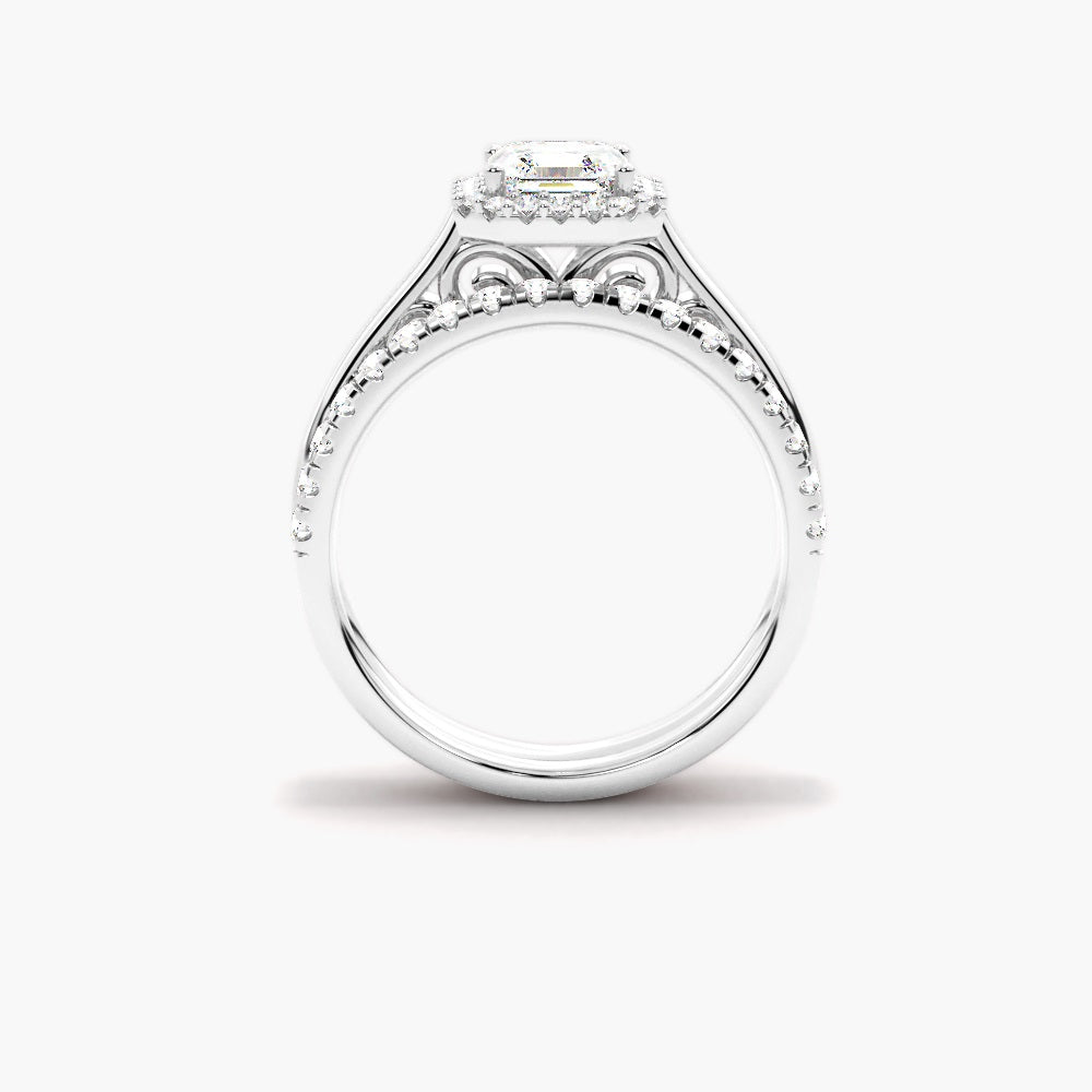 Asscher Cut Moissanite Halo Wedding Ring Set