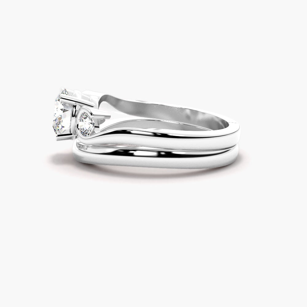 Round Cut Three Stone Moissanite Unique Style Wedding Ring Set