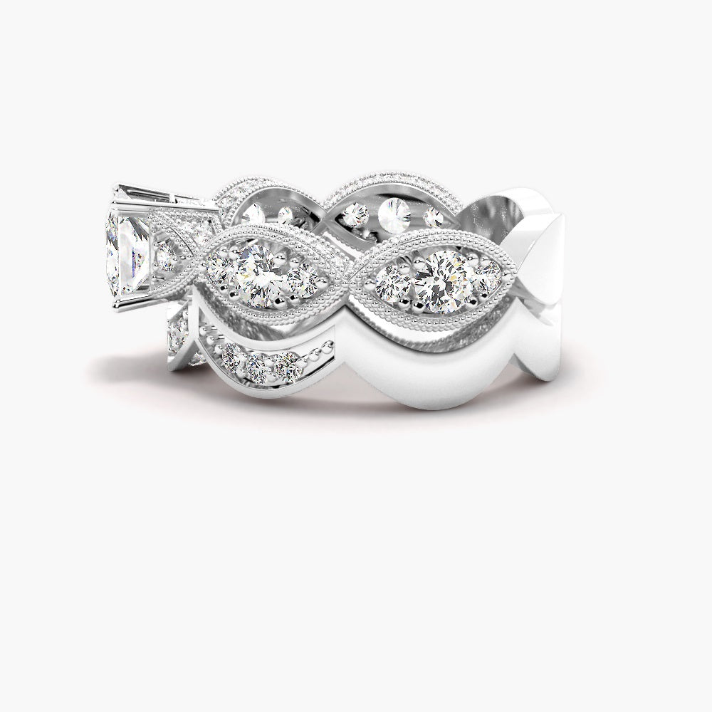 Princess Cut Moissanite Filligree Ring Set For Bridal