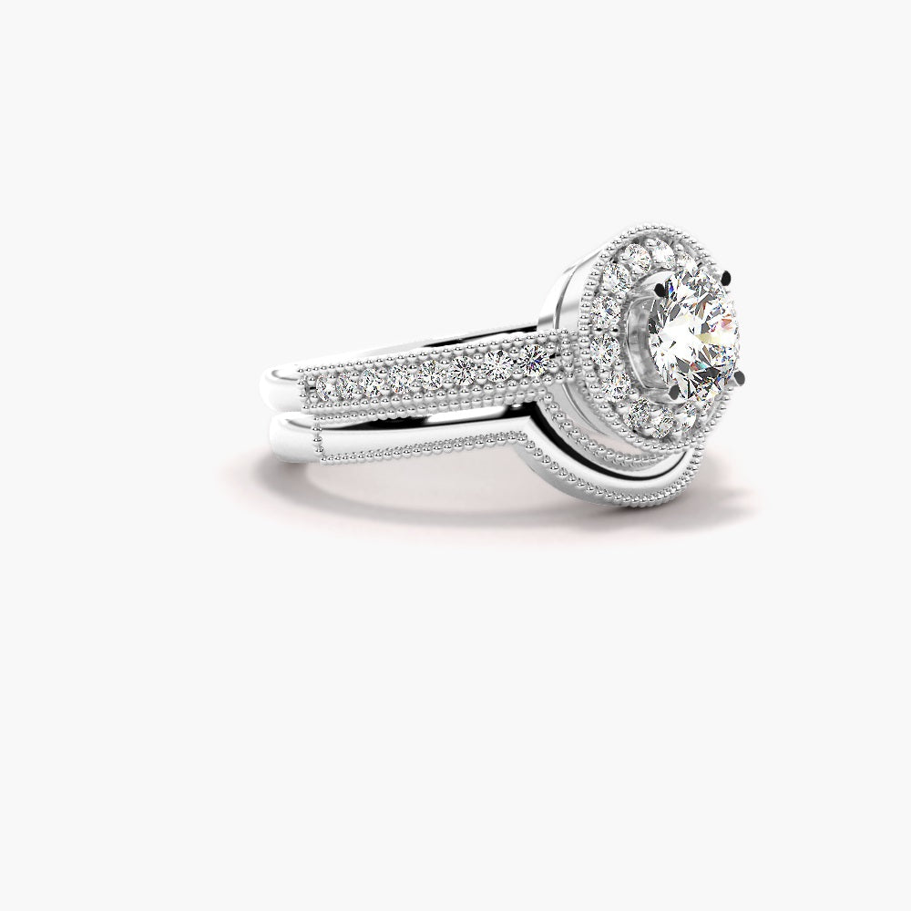 Round Cut Moissanite Halo Style Bridal Ring Set