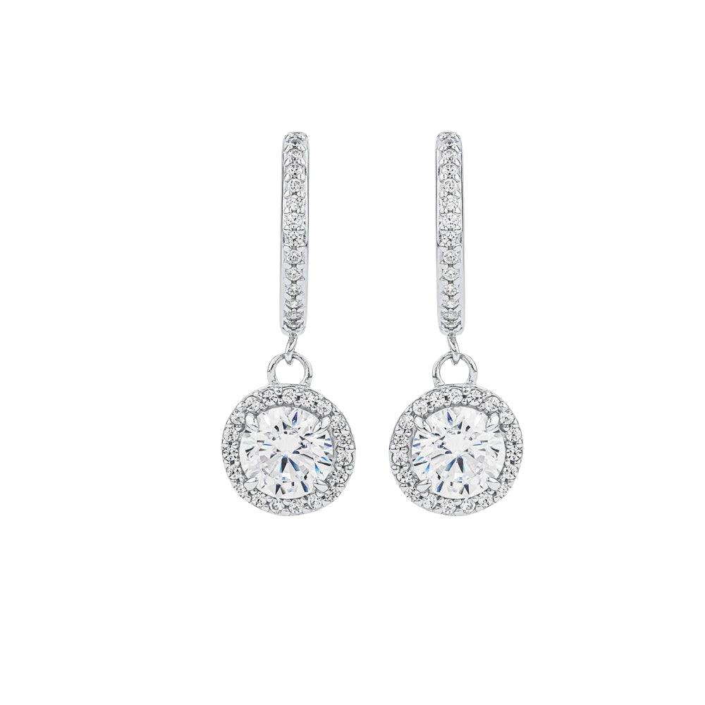 Halo Style Round Cut Moissanite Drop Dangle Earrings