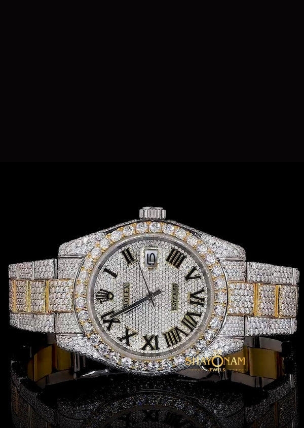 Roman Numeral Dual Tone Iced Out Moissanite Watch