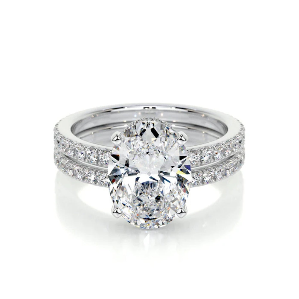 Oval Cut Moissanite Hidden Halo Bridal Ring Set
