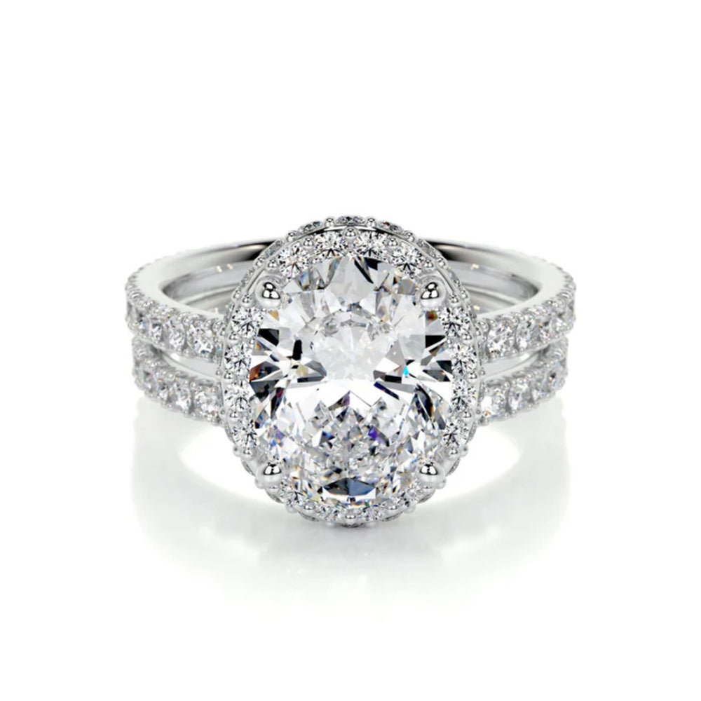 Oval Cut Moissanite Hidden Halo Ring Set For Wedding