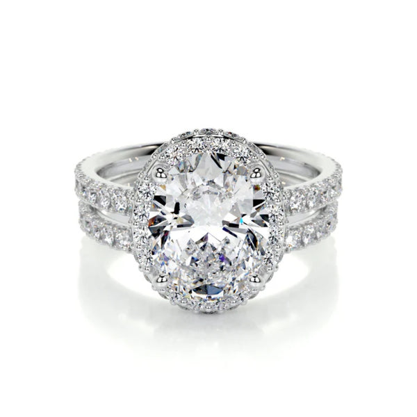 Oval Cut Moissanite Hidden Halo Ring Set For Wedding