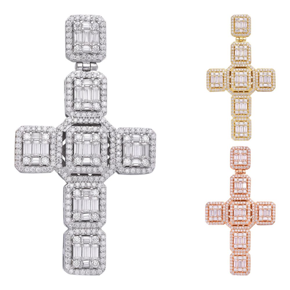 Baguette Cut Moissanite Diamond Rapper Style Cross Pendant