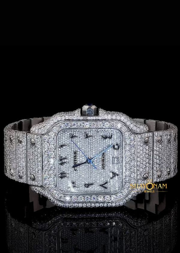 Iced Out Moissanite Diamond Arabic Numeral Dial Watch