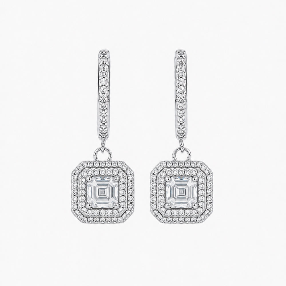 Classic Asscher Cut Moissanite Double Halo Style Drop Dangle Earrings