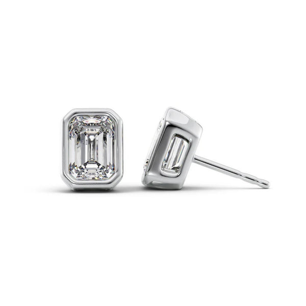 Emerald Cut Moissanite Bezel Set Stud Earrings For Women