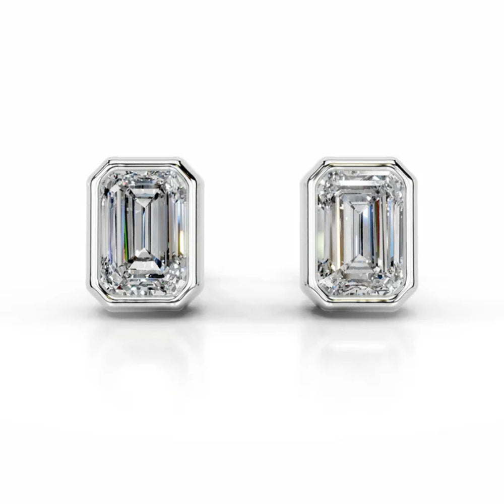 Emerald Cut Bezel Set  Moissanite Solitaire Earring For Women