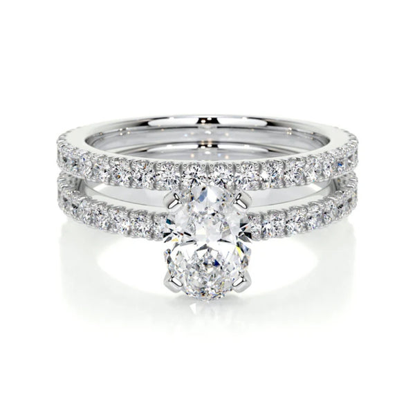 Oval Cut Pave Set Moissanite Ring Set For Wedding