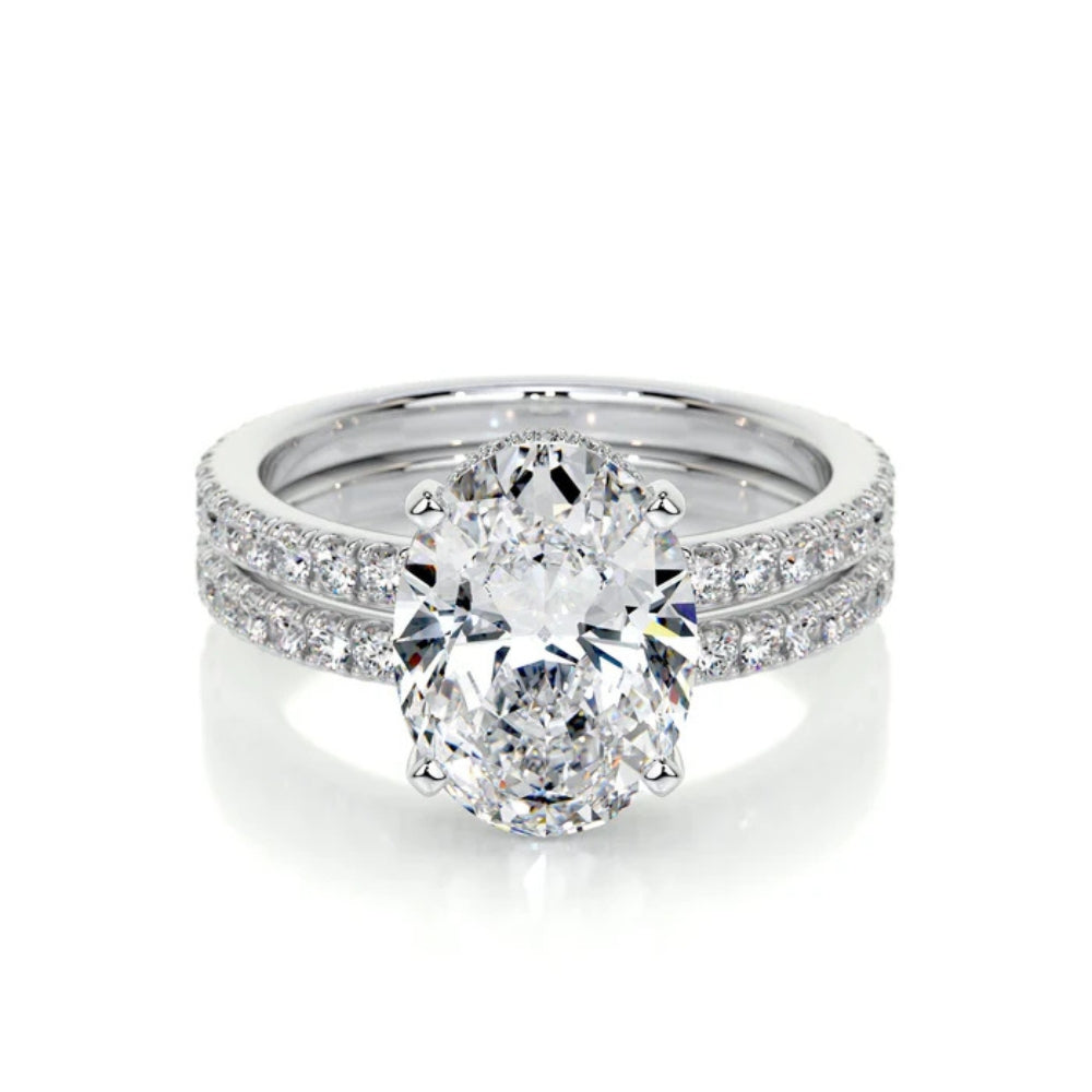 Oval Cut Moissanite Hidden Halo Bridal Ring Set