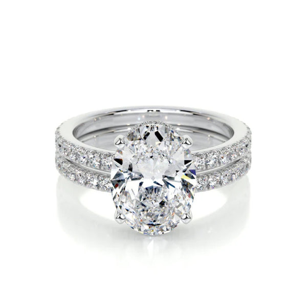 Oval Cut Moissanite Hidden Halo Bridal Ring Set