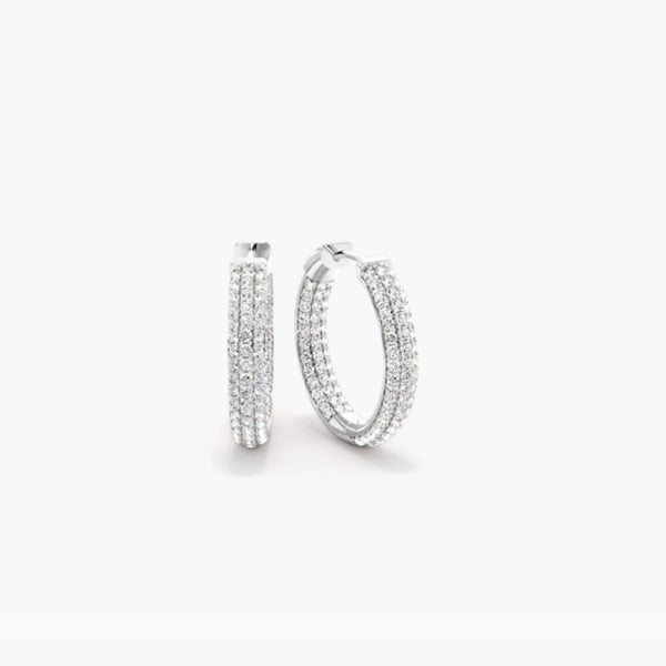 Round Cut Moissanite Three Row Pave Set Hoop Earrings