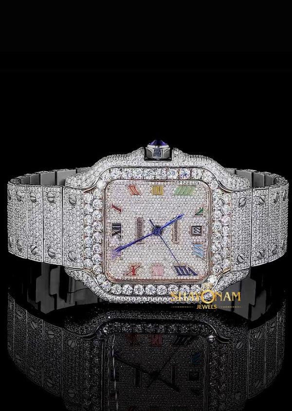 Dual Tone Moissanite Iced Out Rainbow Dial Luxury Watch