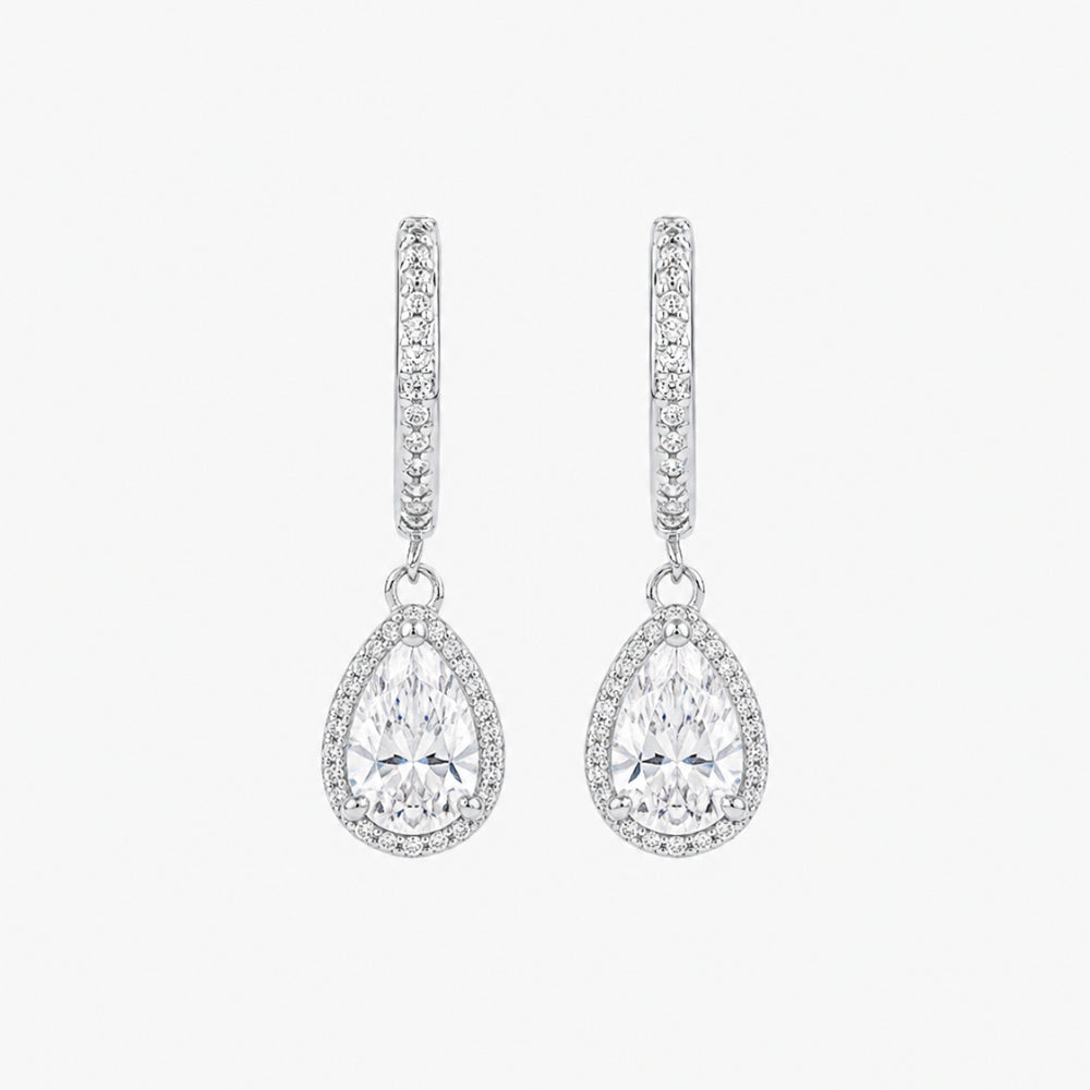Pear & Round Cut VVS1 Moissanite Halo Style Drop Earrings