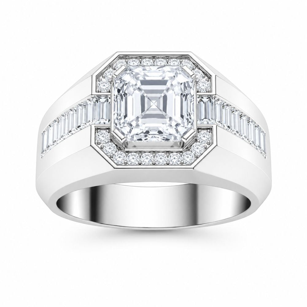 Asscher Cut Lab Grown Diamond Halo Style Men's Ring For Birthday Gift
