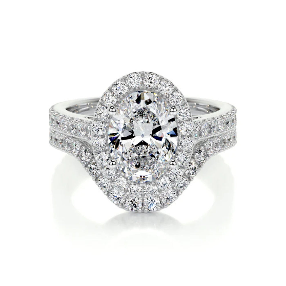 Oval Cut Moissanite Halo Style Ring Set For Anniversary Gift
