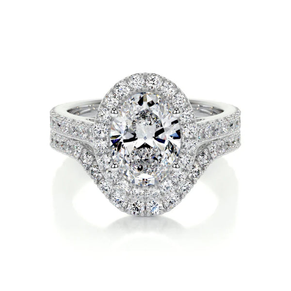 Oval Cut Moissanite Halo Style Ring Set For Anniversary Gift