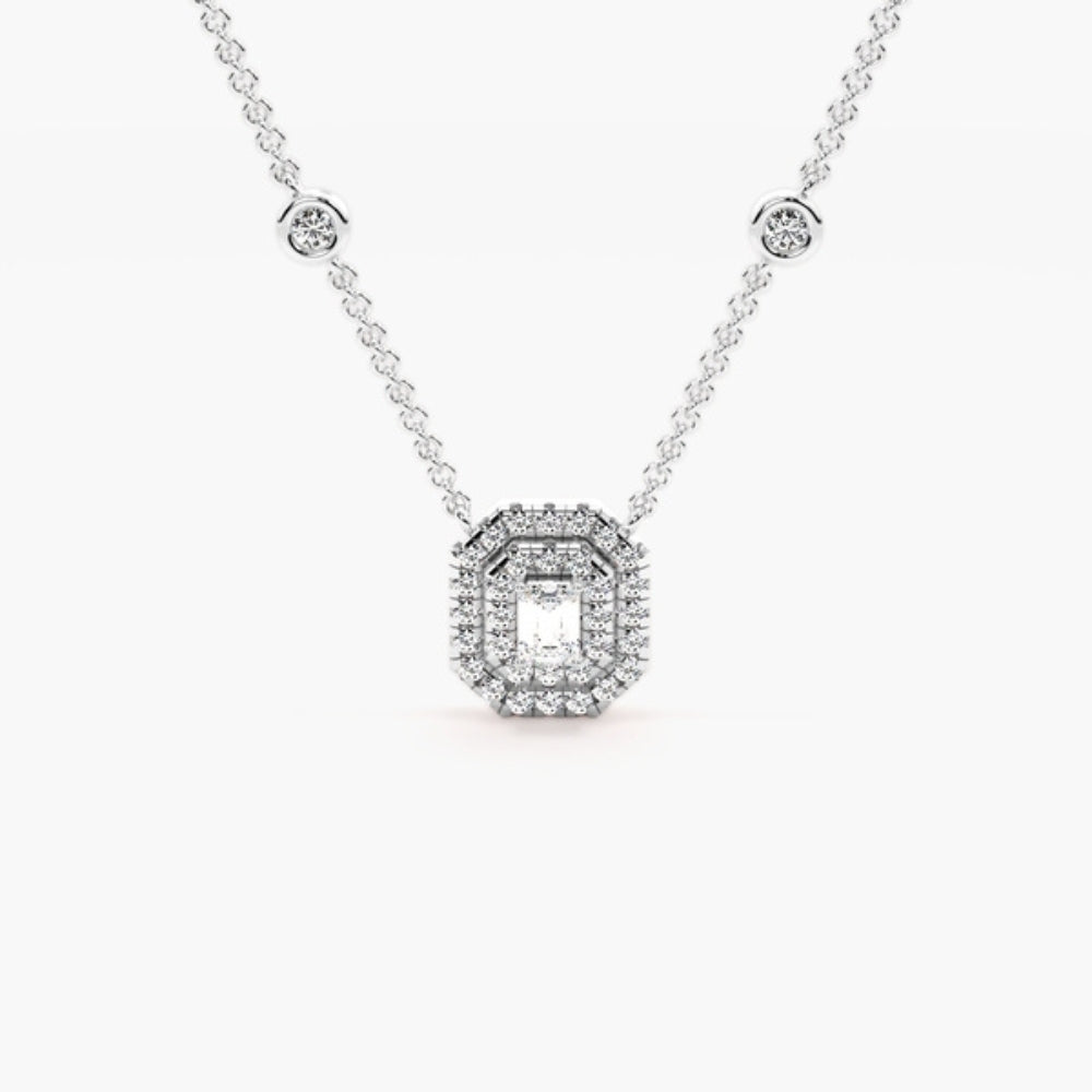 Emerald Cut Moissanite Double Halo Pendant