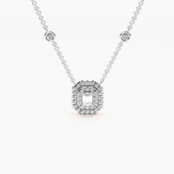 Emerald Cut Moissanite Double Halo Pendant