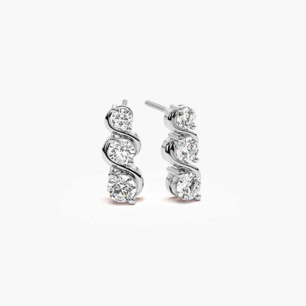 Round Cut Moissanite Three Stone Stud Earring