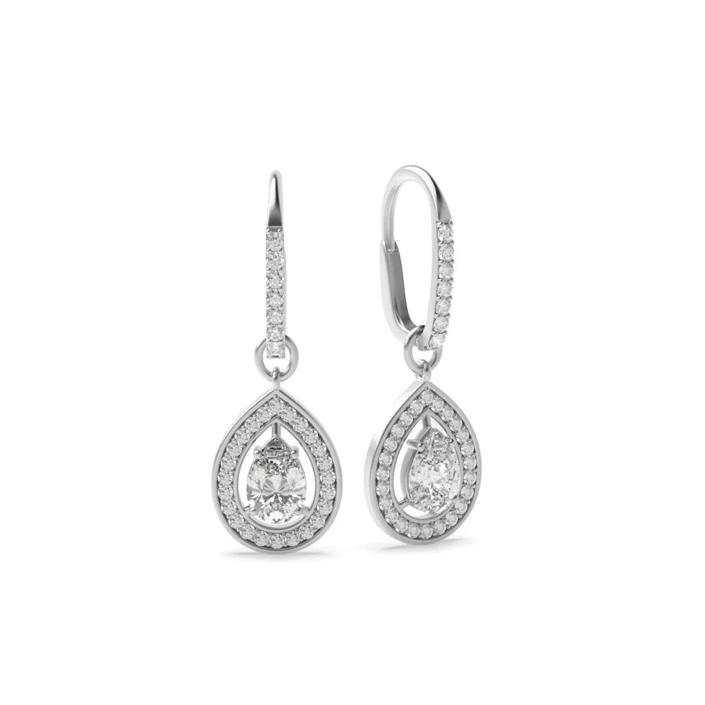18K White Gold Pear Cut Moissanite Halo Drop Earrings