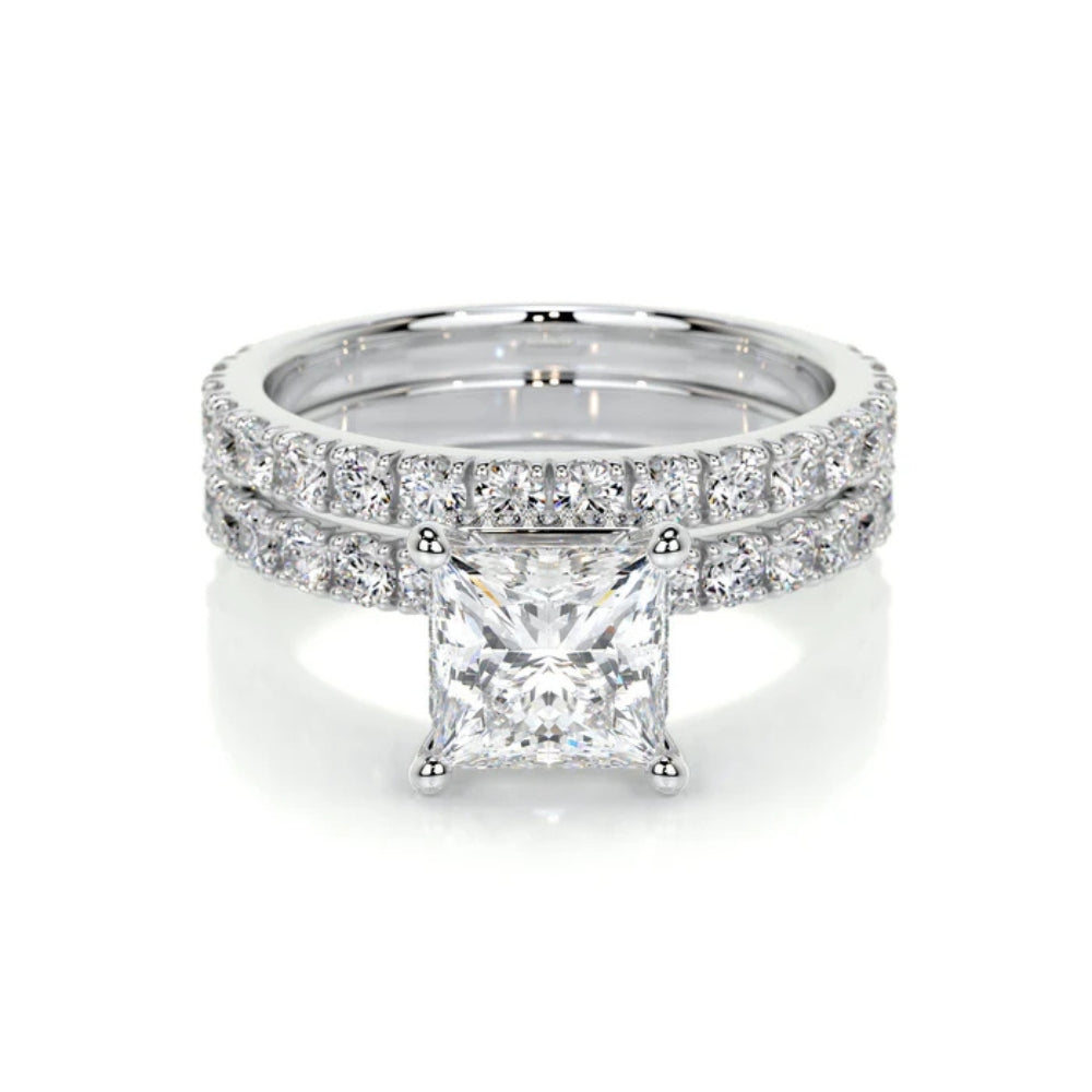 Princess Cut Moissanite Hidden Halo Bridal Ring Set