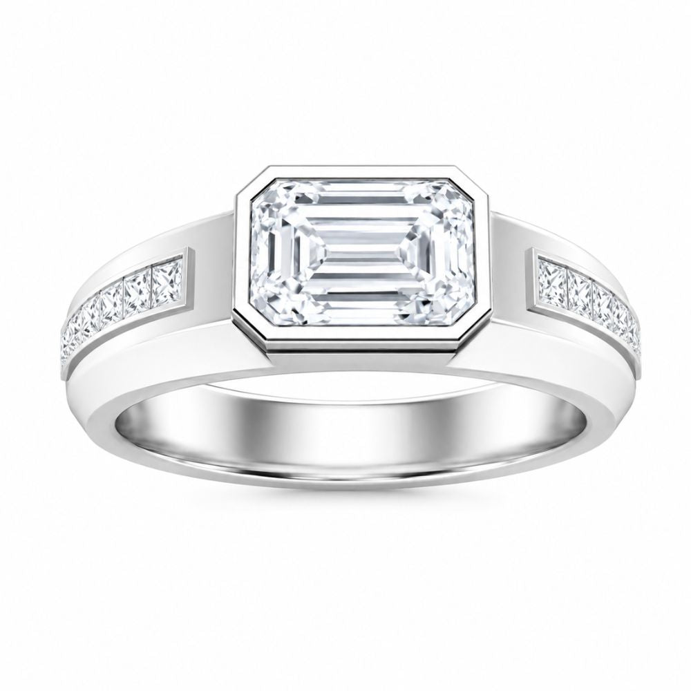 Bezel Set Emerald Cut Lab Grown Diamond Men's Ring For Birthday Gift