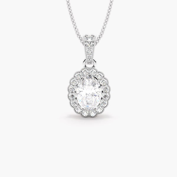 Oval Cut Moissanite Halo Style Filligree Pendant For Women