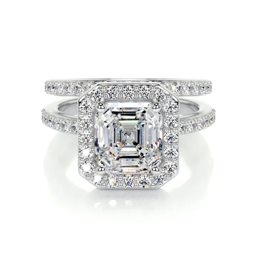 Asscher Cut Moissanite Halo Wedding Ring Set