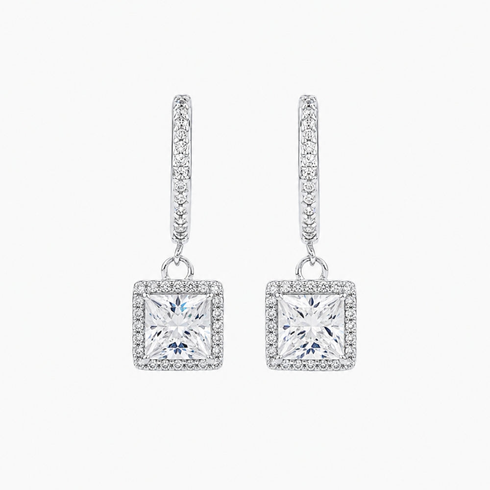 Princess Cut Halo Style Moissanite Drop Dangle Earrings