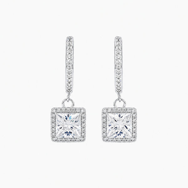 Princess Cut Halo Style Moissanite Drop Dangle Earrings