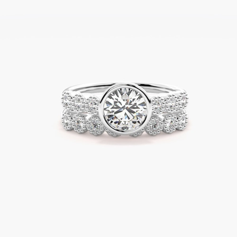 Round Cut Moissanite Filligree Style Wedding Ring Set