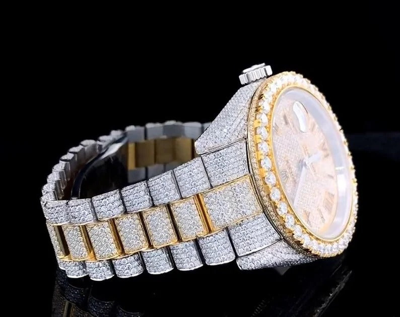 Dual Tone Iced Out Rolex Luxury Watch Gift for Him