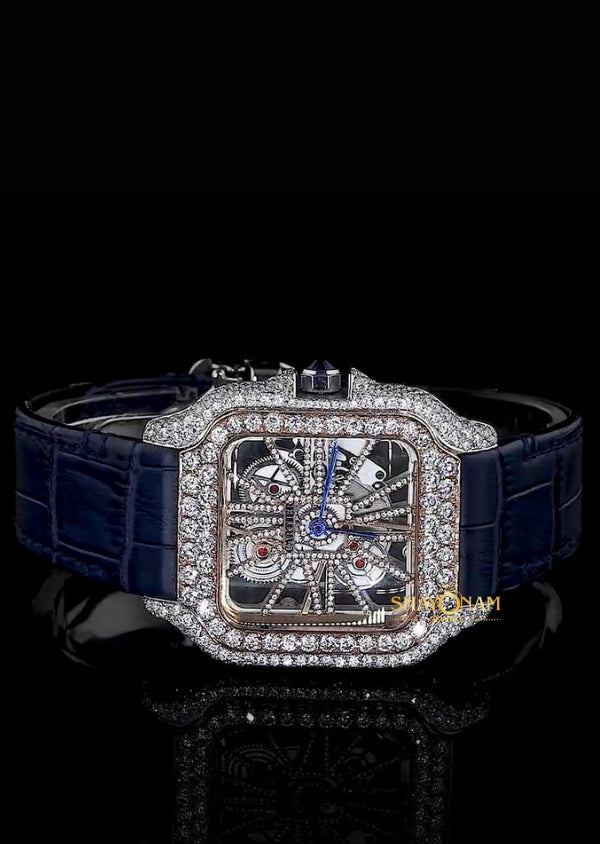 Dual Tone Moissanite Diamond Skeleton Leather Belt Watch