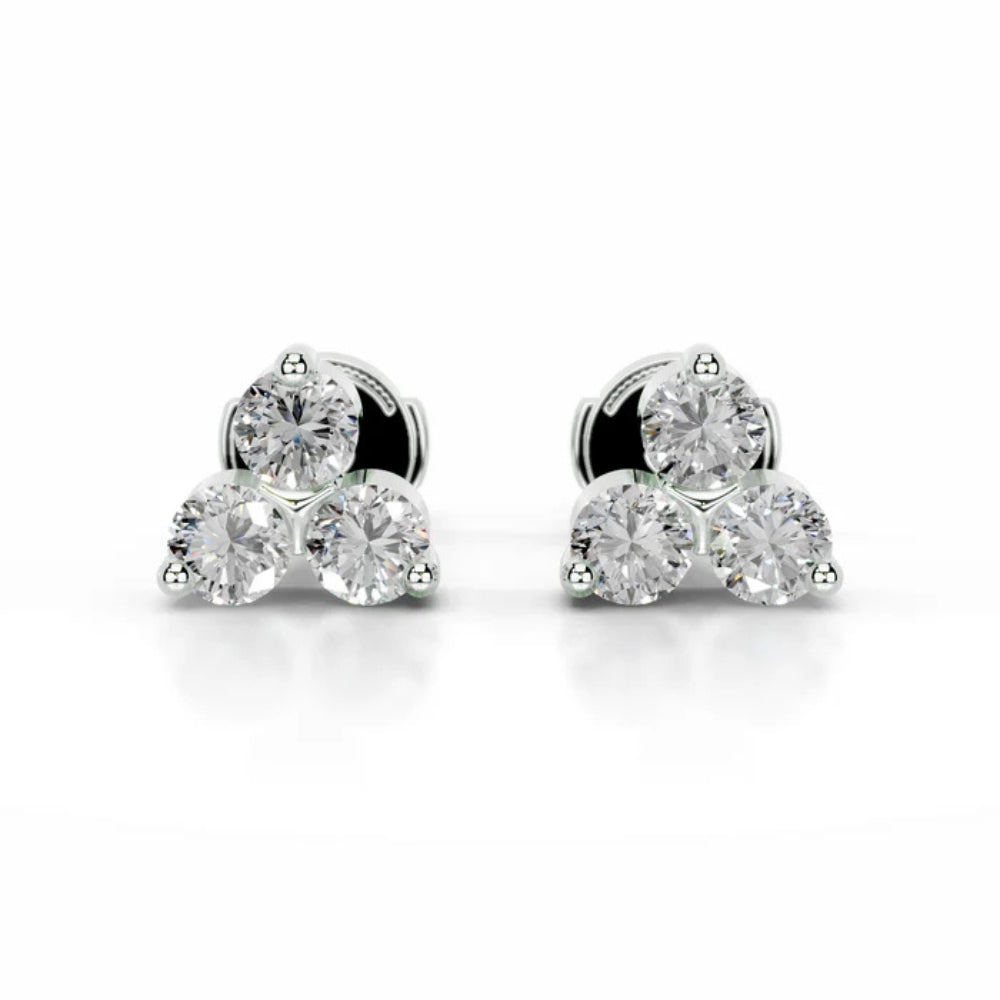 Colorless Moissanite Round Cut Three Stone Stud Earring